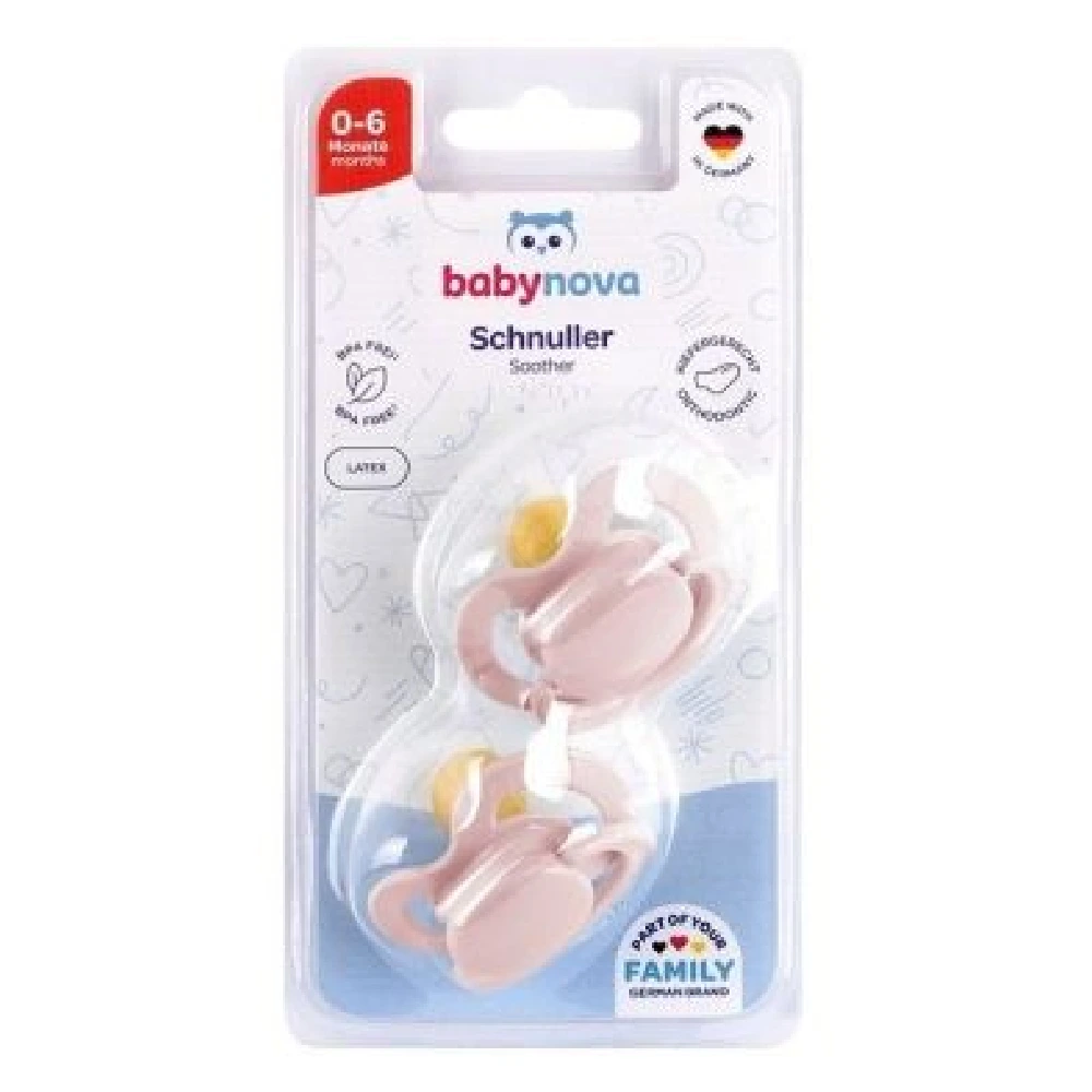 Baby-Nova, ortodontska lateks duda z obročkom - velikost 0-6 m - različni motivi (2 dudi)